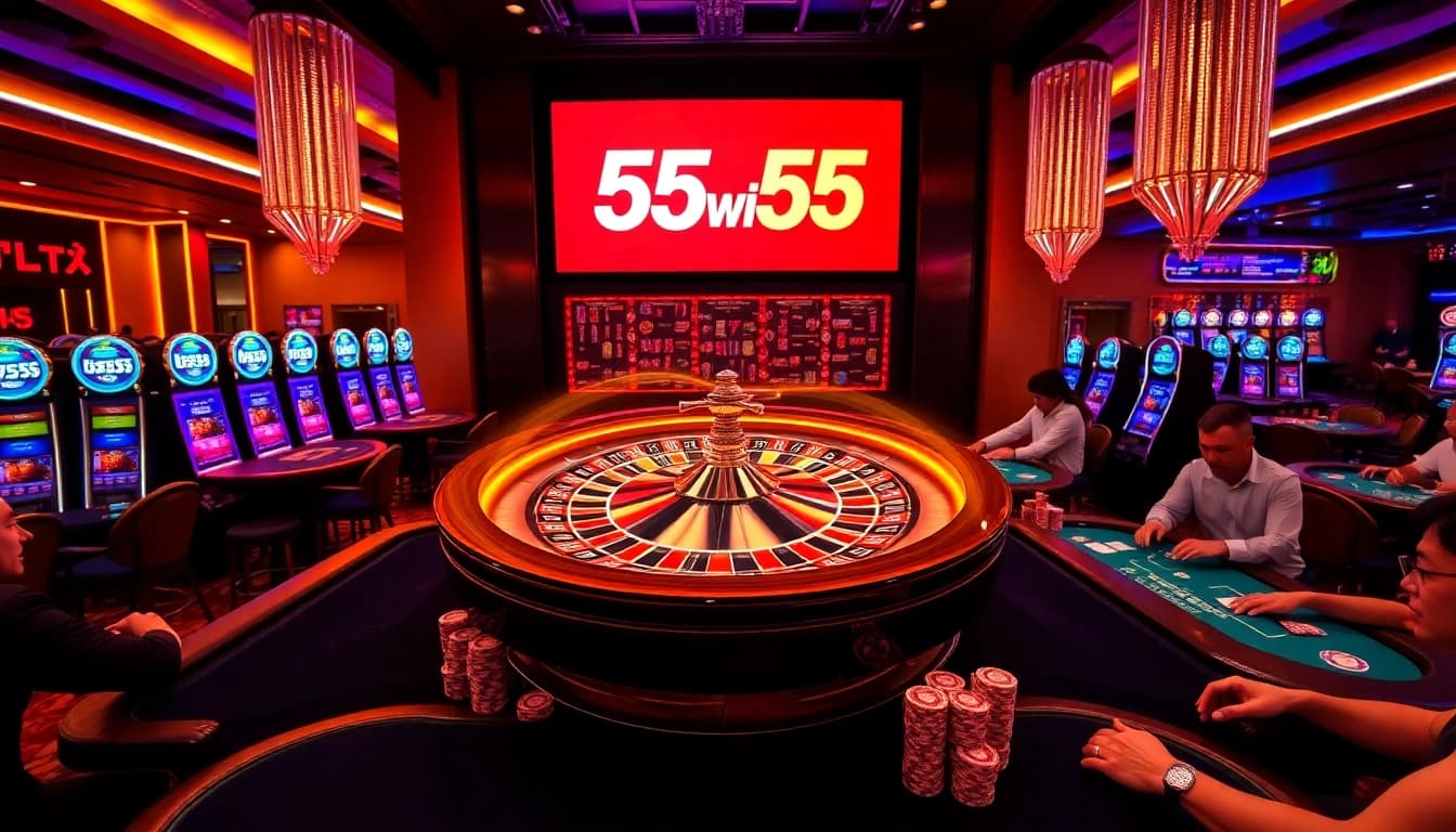 Players enjoying the excitement of gambling at 55win55 with poker and roulette.