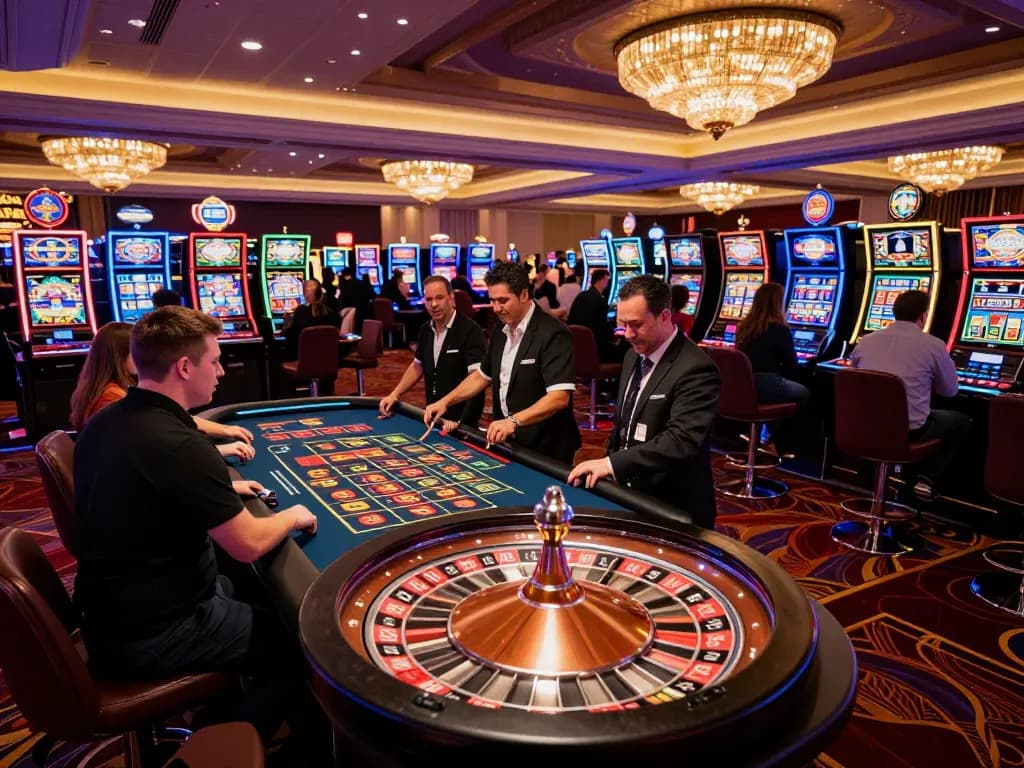 C168 players placing bets at a roulette table in a lively Las Vegas casino