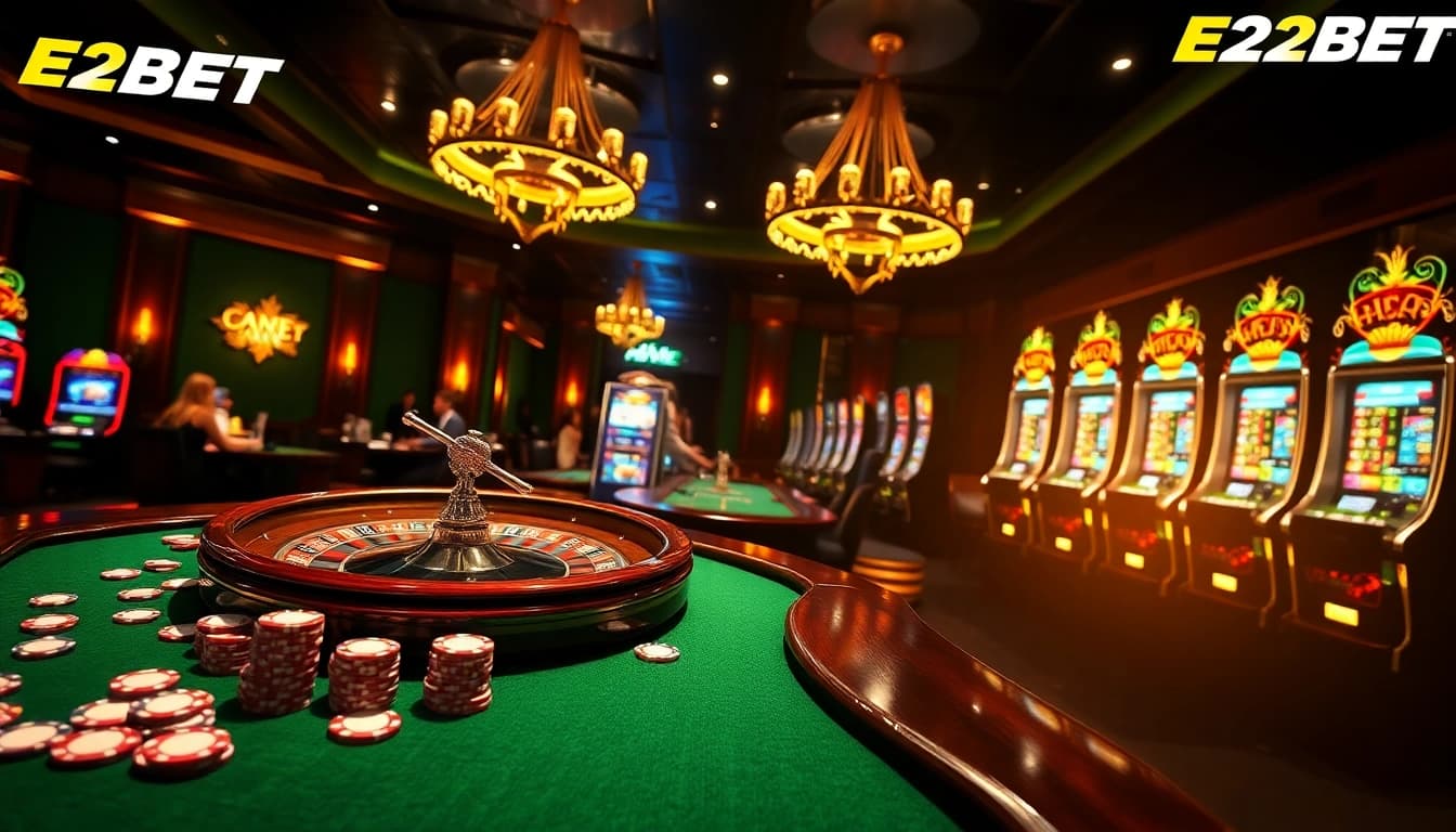 E2BET players enjoying a vibrant poker game in a luxurious casino setting.
