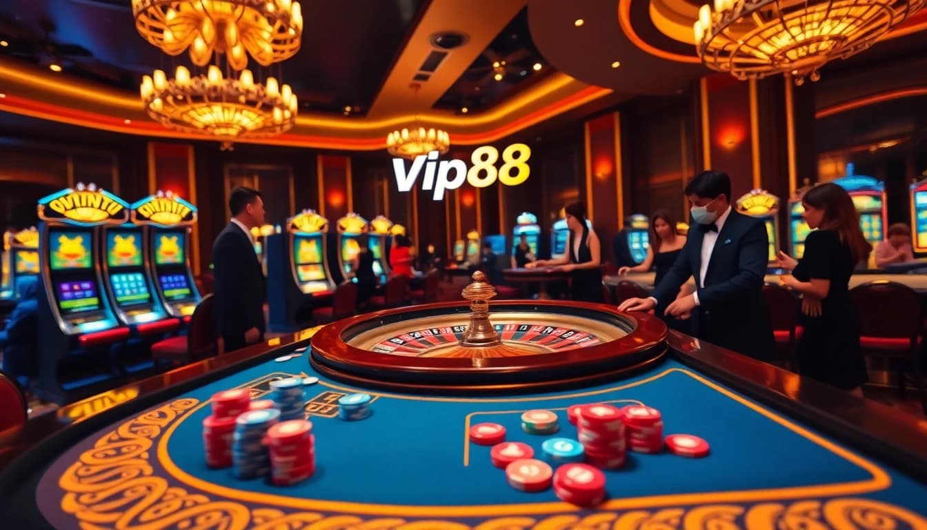 Vip88 casino players strategizing at vibrant tables with roulette and slot machines.