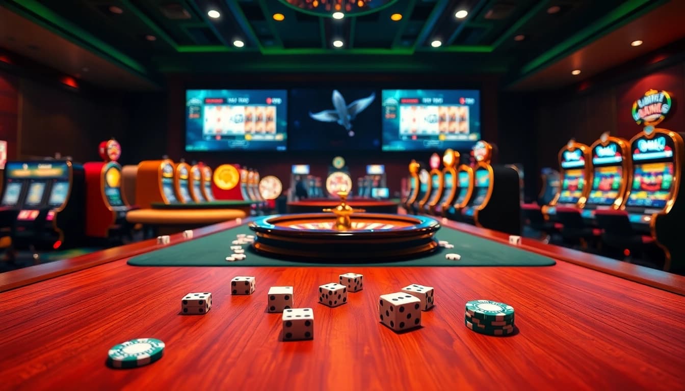 Exciting gambling scene with rikbet elements including casino tables and slot machines.