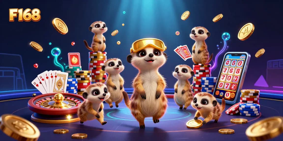 Engage with F168's lively meerkat casino scene featuring dynamic card games and sparkling wins.