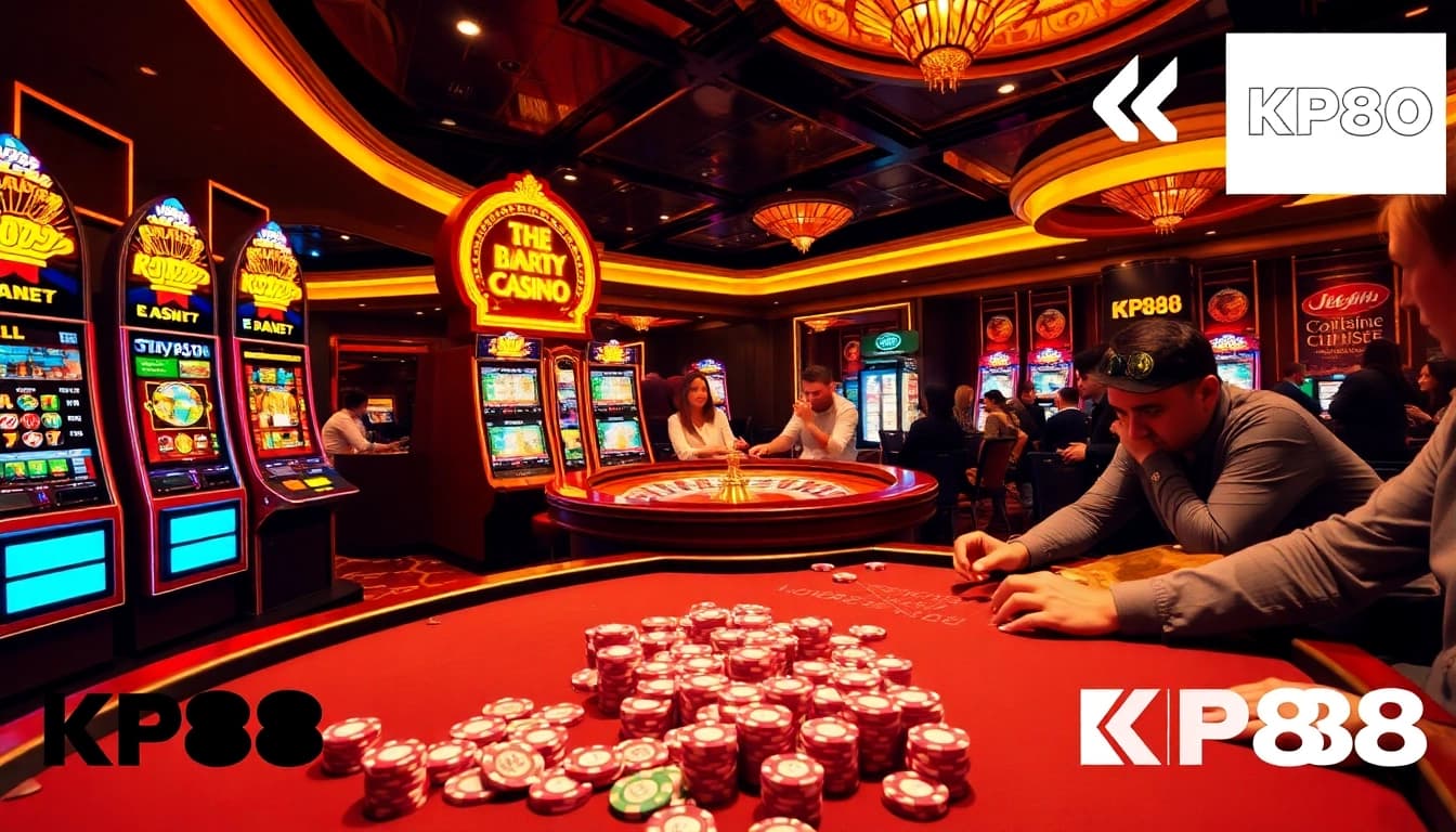 Kp88 gaming environment with players at a roulette table and vibrant slot machines.