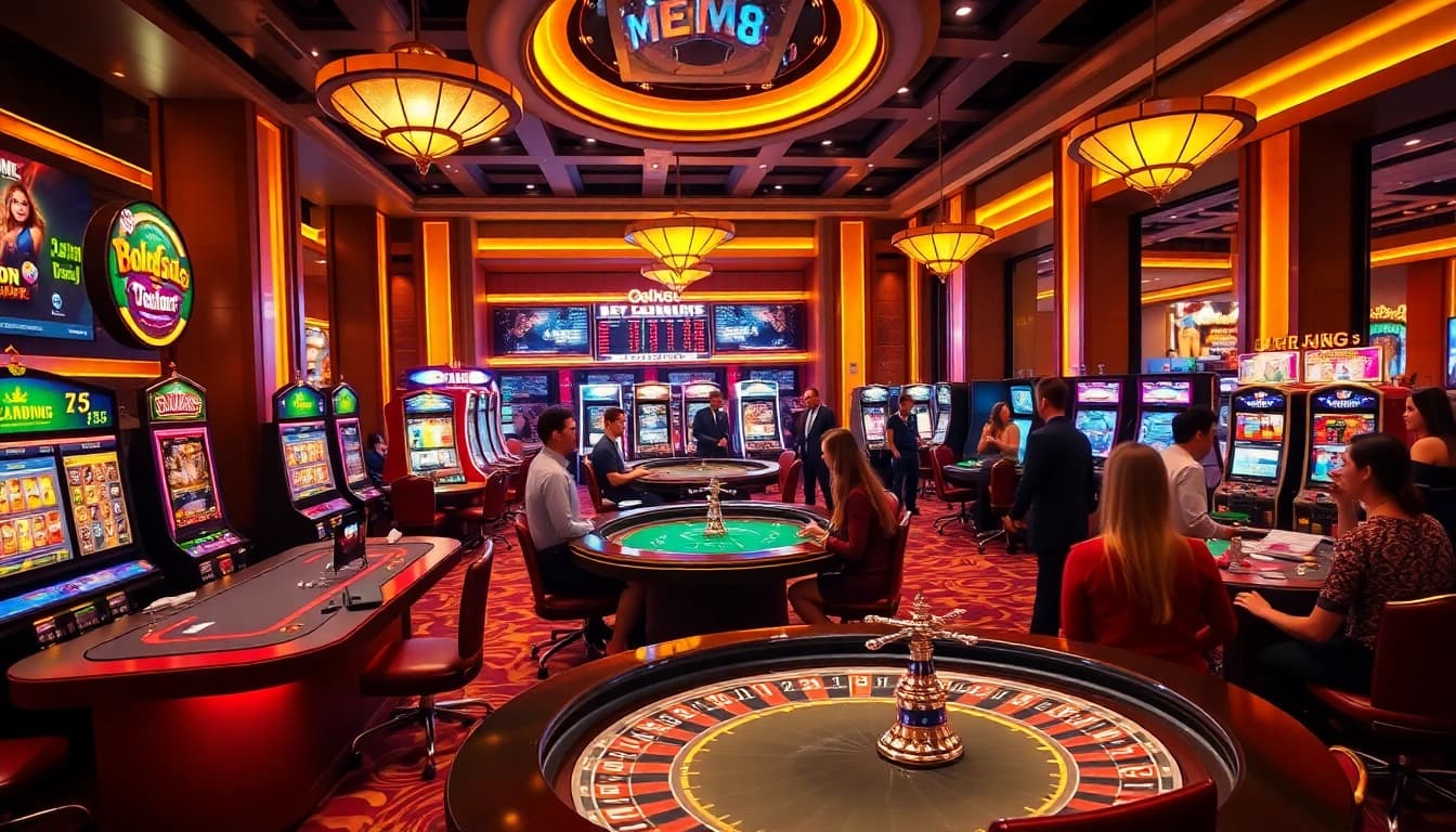Experience excitement at me88's vibrant online casino, showcasing stunning gaming tables and innovative slot machines.