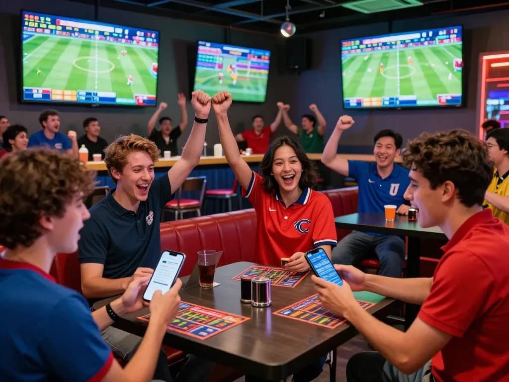 Onbet sports fans cheer while placing bets in an energetic sports bar atmosphere.