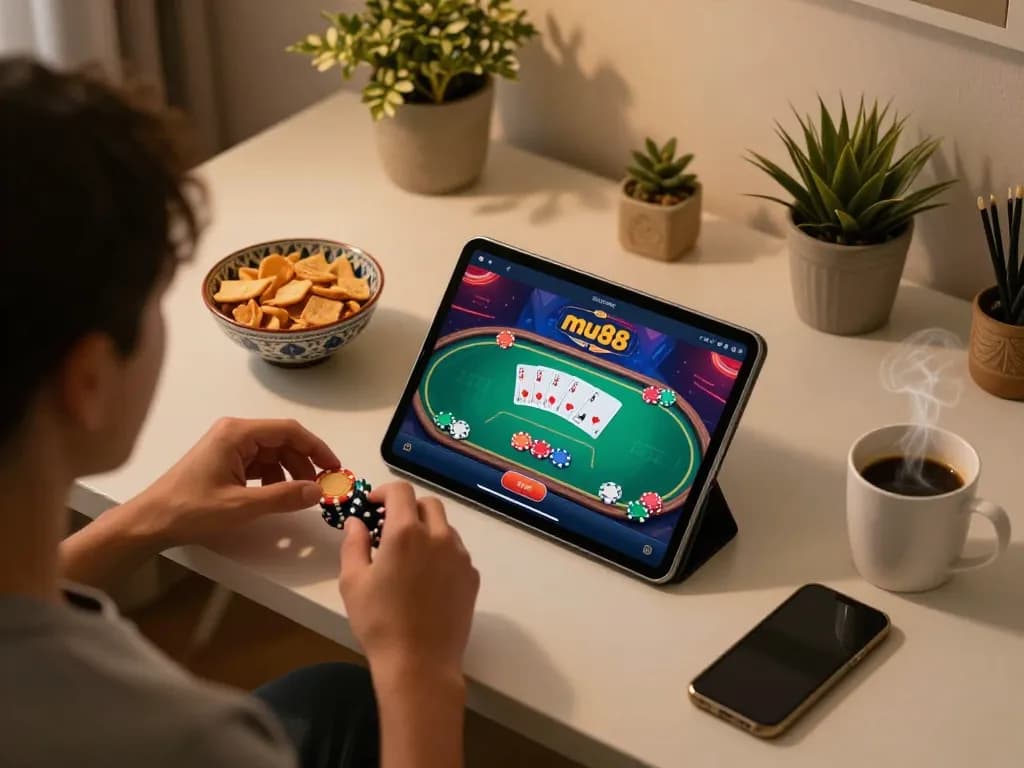 Engaging with mu88 casino app for strategic online poker gameplay in a cozy home setting