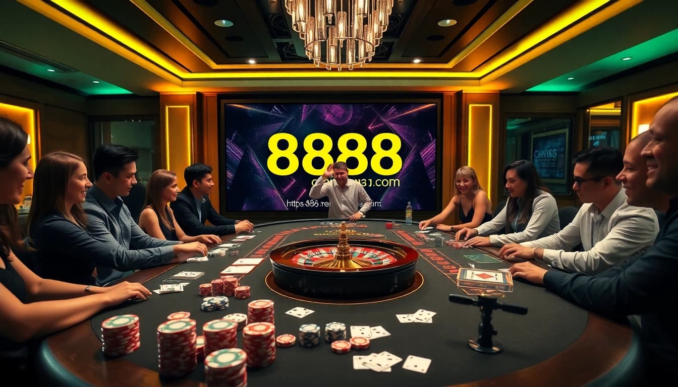 Players enjoying poker action at https://888neww8.com/, surrounded by vibrant casino atmosphere.