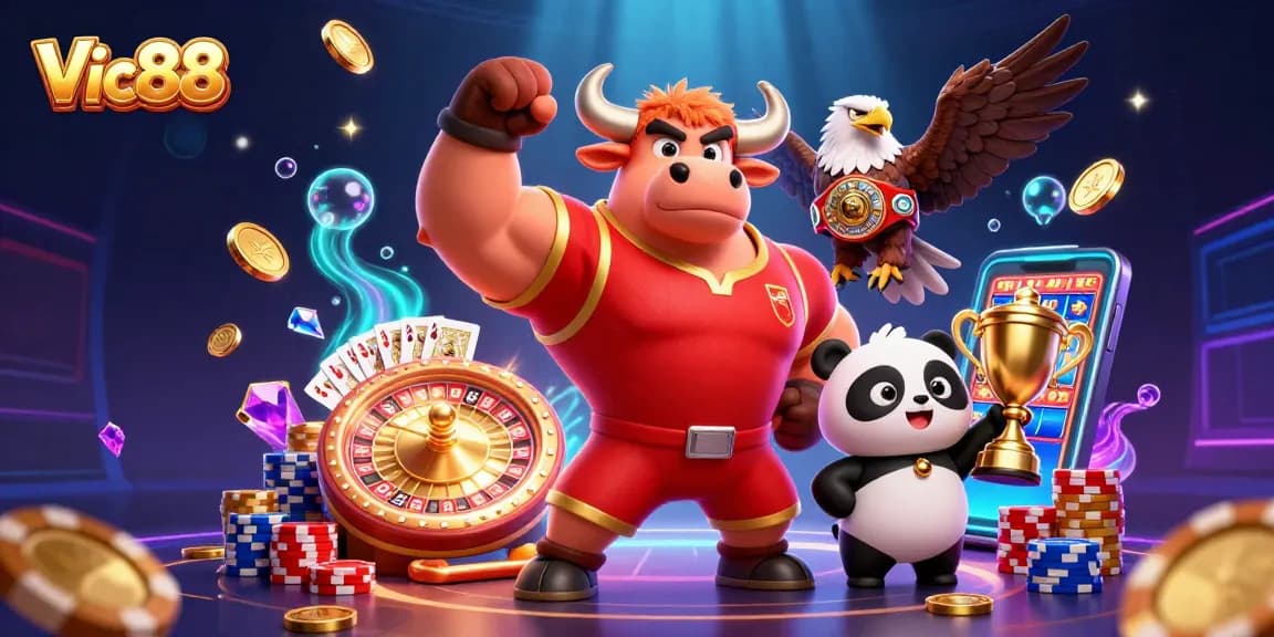 Vic88 bursts with excitement as golden coins cascade around a victory scene with a bull, eagle, and panda.