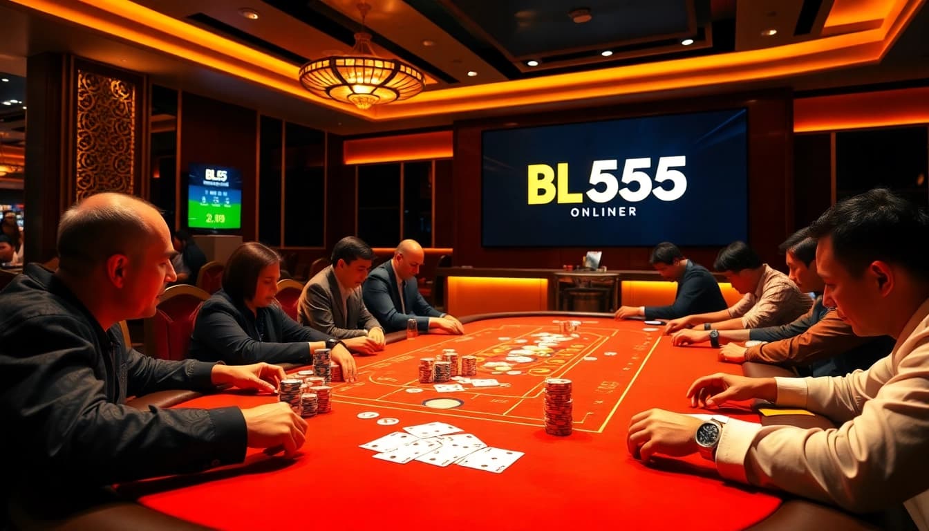BL555 poker table filled with chips and players enjoying an exciting gambling experience.