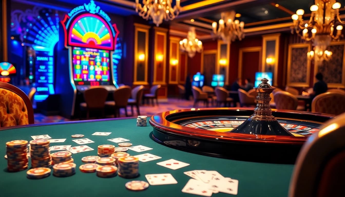 Experience the ultimate thrill at Sunwin with a luxurious casino scene featuring vibrant games and elegant decor.