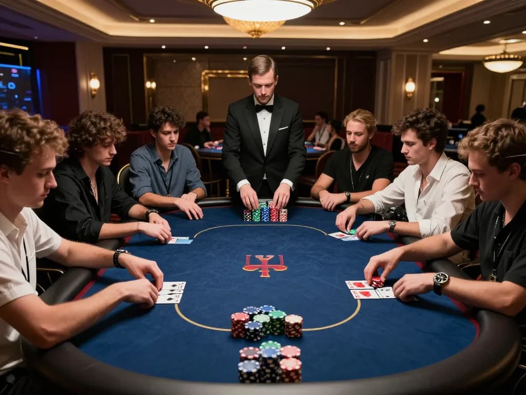 GK88 poker players strategizing during a high-stakes game in a luxurious casino atmosphere