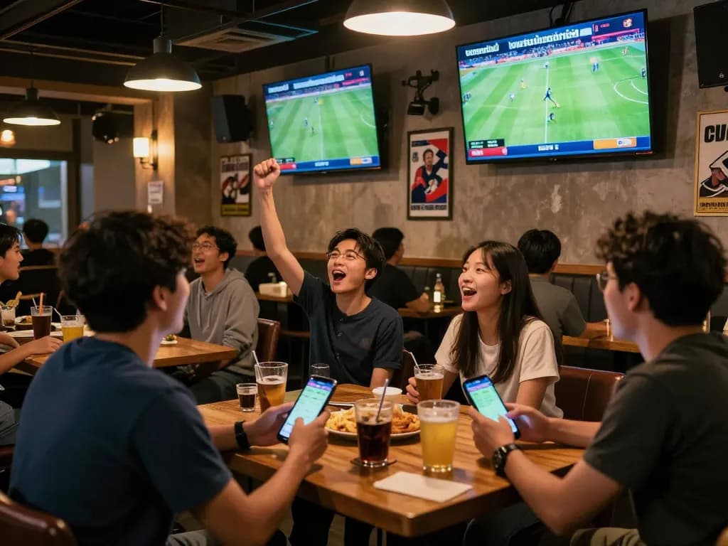 Viewers celebrating "ผลบอลวันนี้" while cheering for their teams during a live sports betting event.