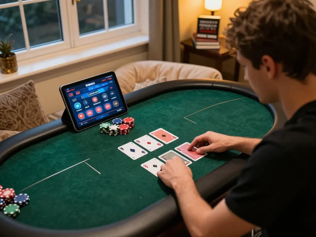 Player engaging in Game bài đổi thưởng using a tablet, showcasing strategic play and focus in a cozy home setup