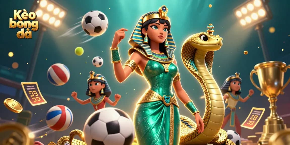 Engage with Kèo bóng đá for thrilling sports betting insights, featuring an emerald-clad woman with dynamic sports imagery.