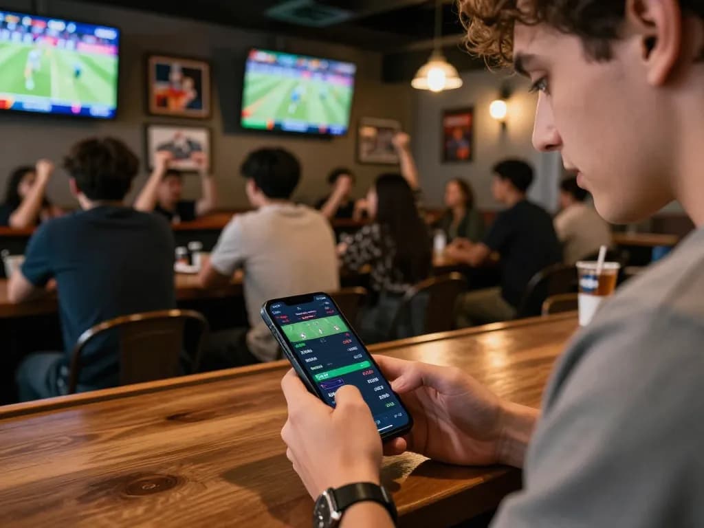 Taking action on live sports odds at 555win app in a vibrant sports bar setting.