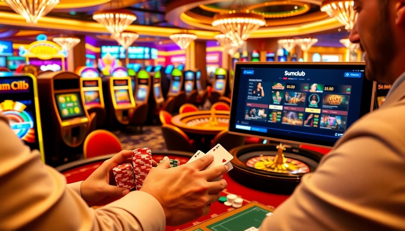 Engaging gameplay at Sumclub featuring poker chips, poker tables, and vibrant slot machines.