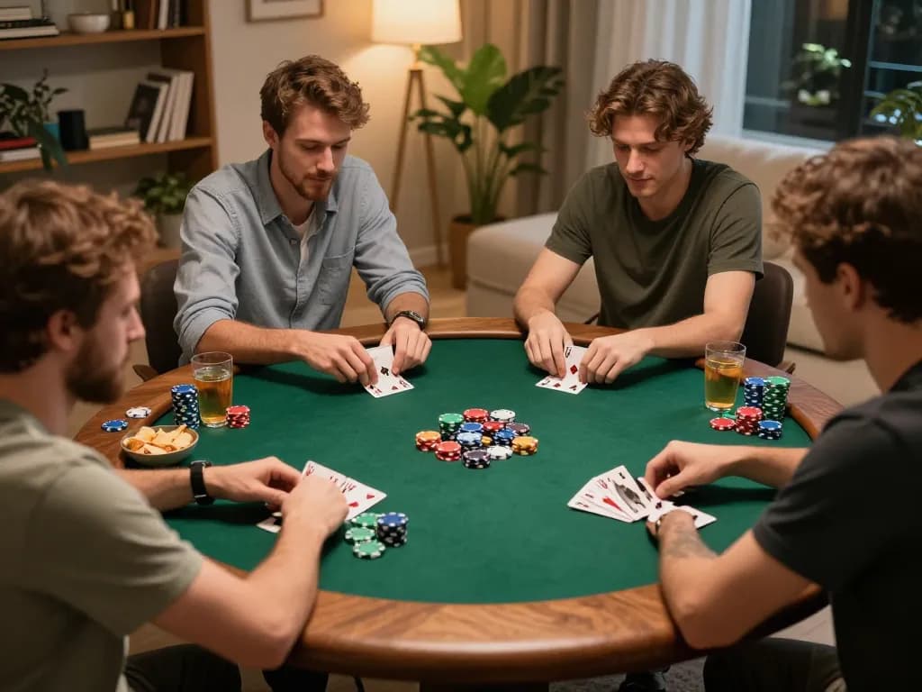 Engaged players strategize at a fun home poker game night featuring 789WIN themed chips.