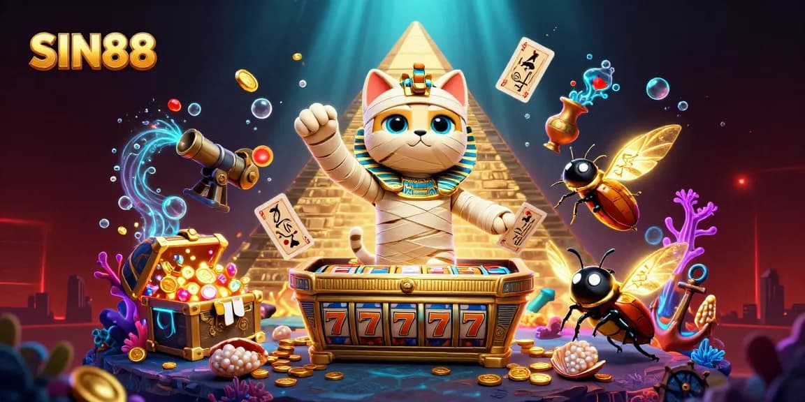 SIN88 showcases a vibrant 3D scene where a mummy cat and a glowing scarab beetle create winning moments in a pyramid casino.