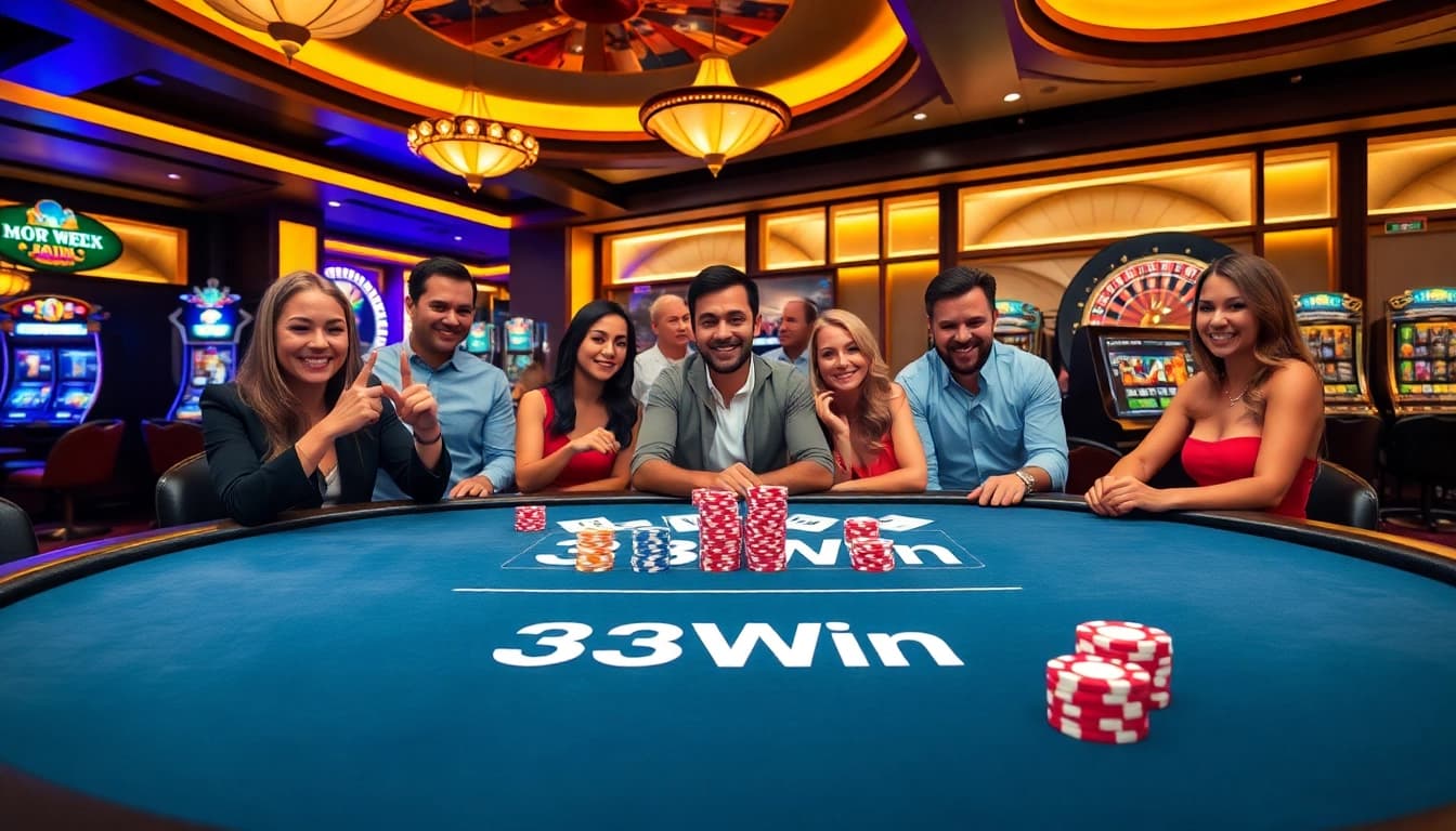 Players enjoy an exciting game at the 33Win casino with vibrant poker chips and slot machines.