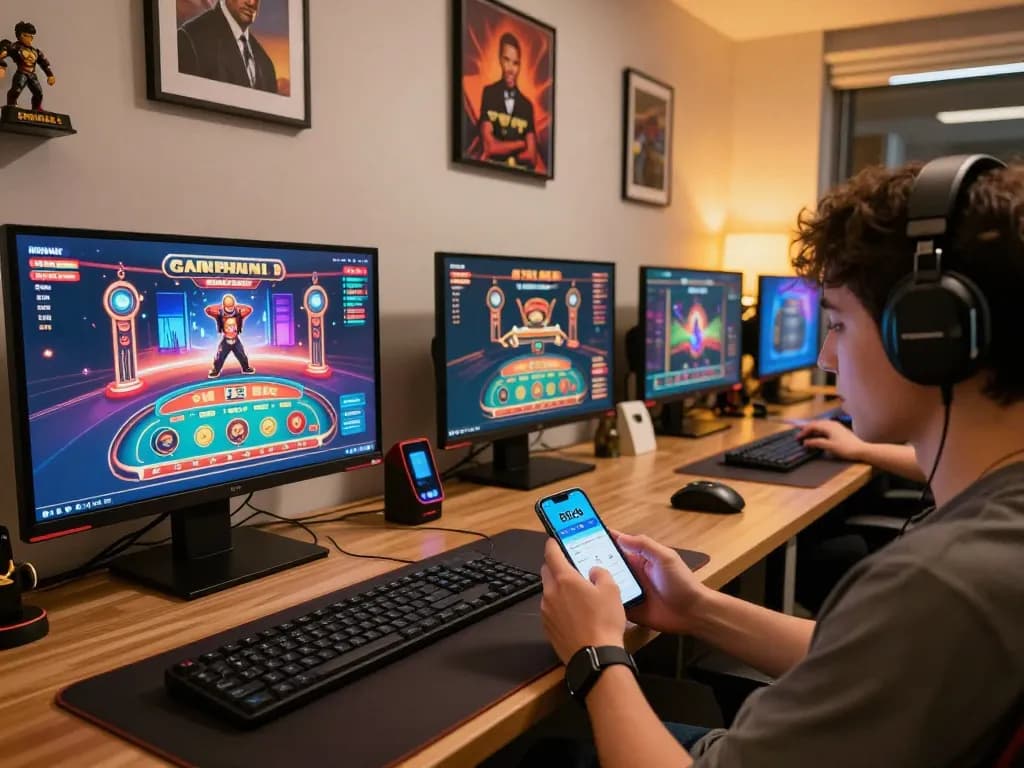 Player interacting with the 88clb app in a stylish gaming setup, showcasing online casino excitement.
