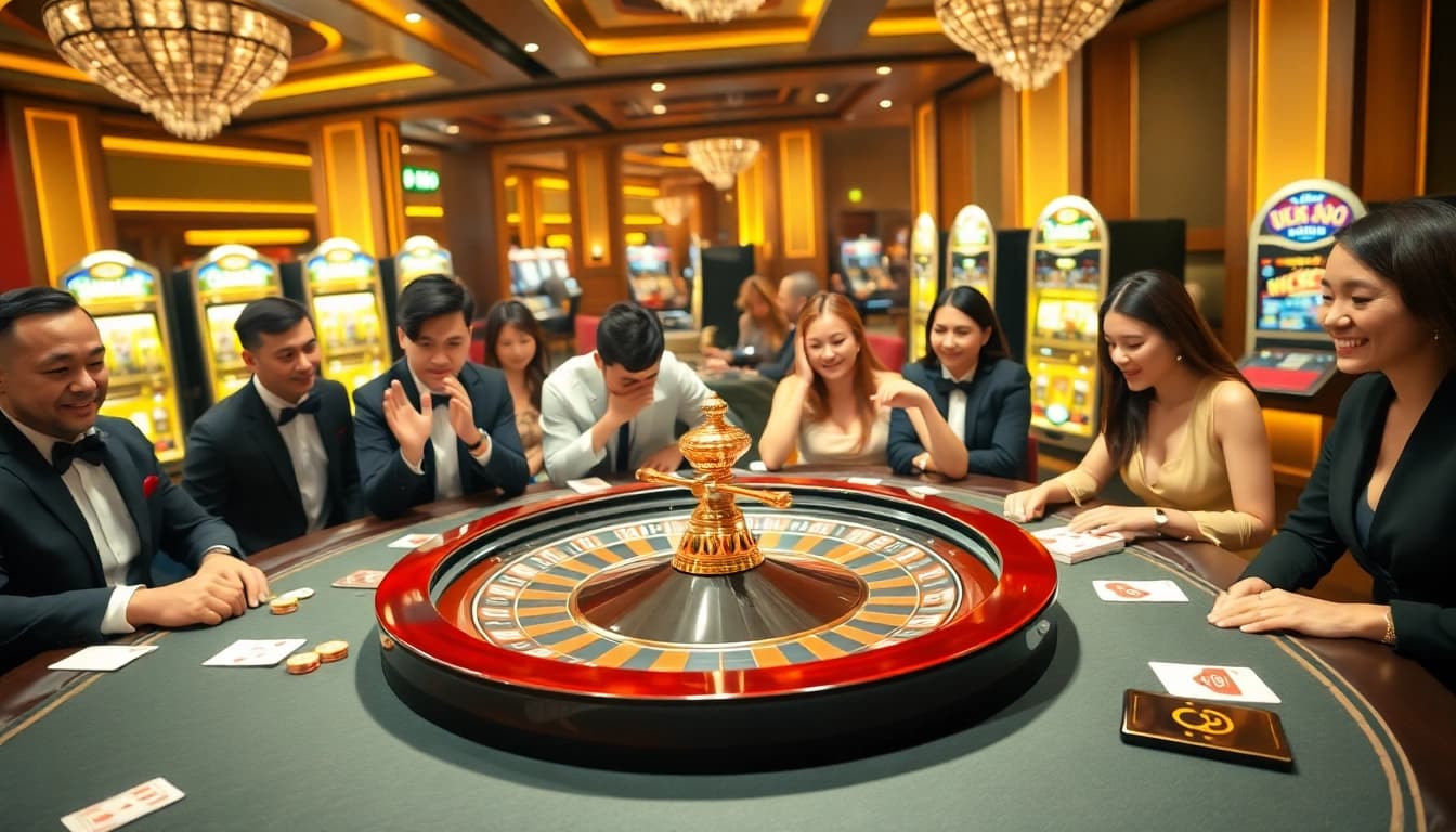 U888 gaming table with players placing bets in a luxurious casino environment.