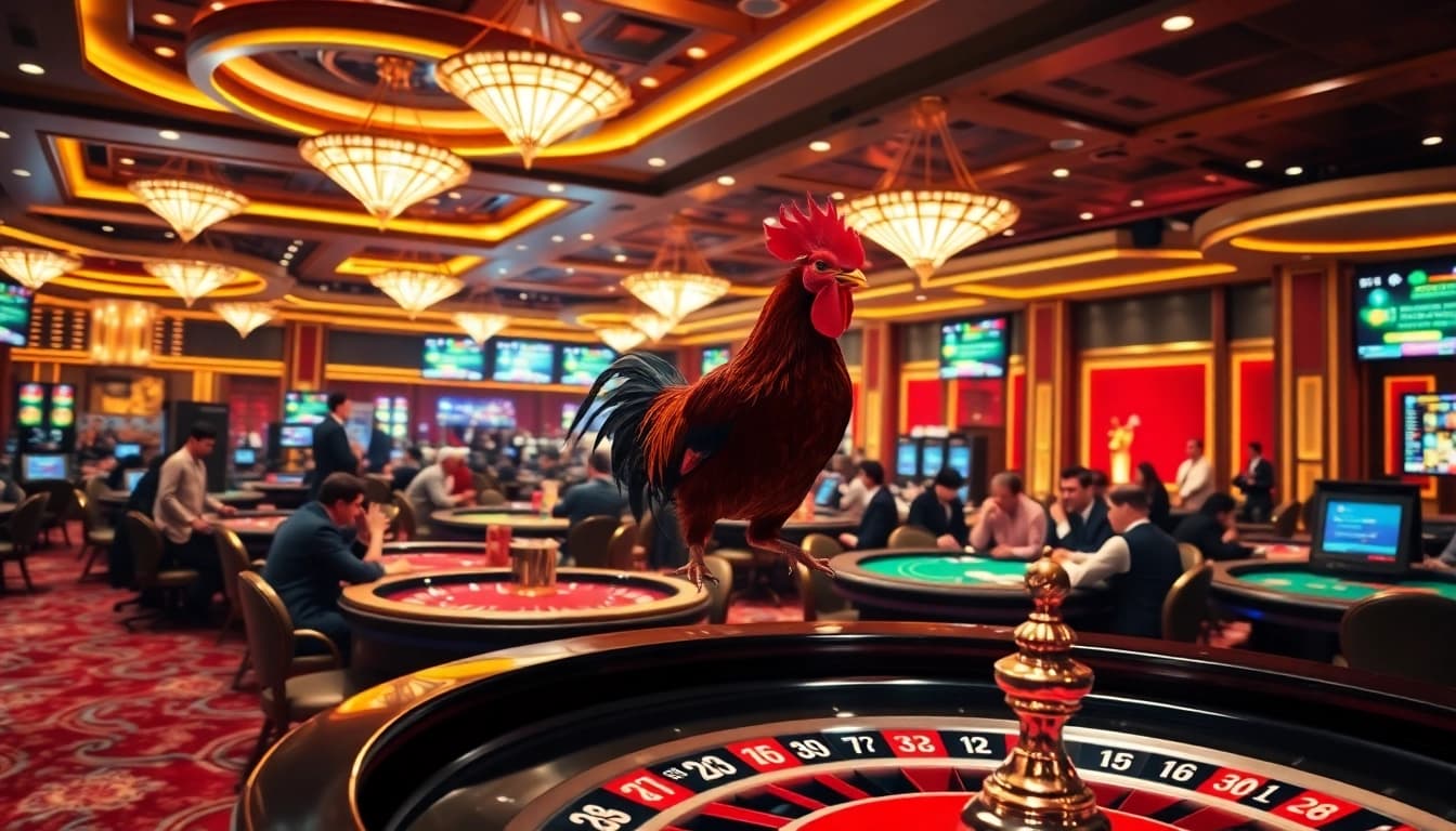 Experience the thrilling action of đá gà sv388 amidst a vibrant casino landscape filled with games.