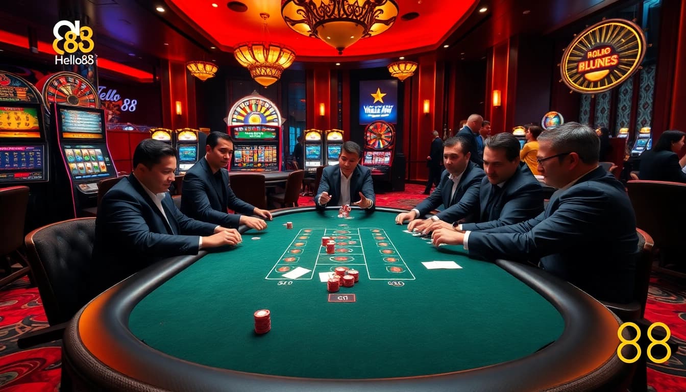 Professional players enjoying poker at Hello88's luxurious casino tables, showcasing gambling excitement.