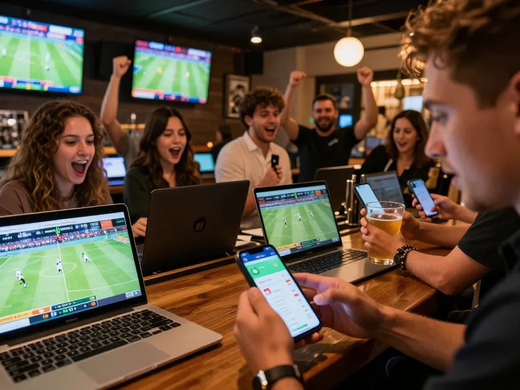 Experience the excitement of live sports betting with 28betca in a vibrant bar atmosphere.