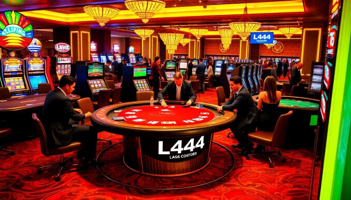 Engaging players at a L444-branded poker table in a luxurious casino atmosphere.