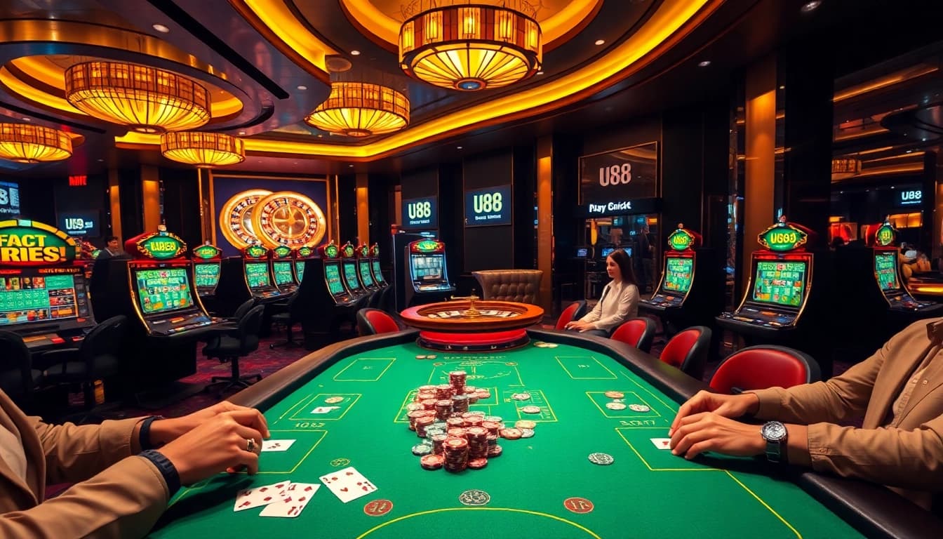 Experience thrilling gameplay at U88 Casino with glamorous tables and vibrant gaming elements.