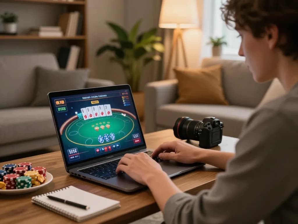 Engaging in online poker gameplay on VIN88 from a cozy home setup with strategic notes