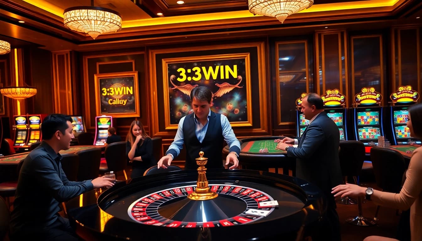 Exciting casino scene showcasing 33WIN with roulette, poker chips, and a stylish dealer.