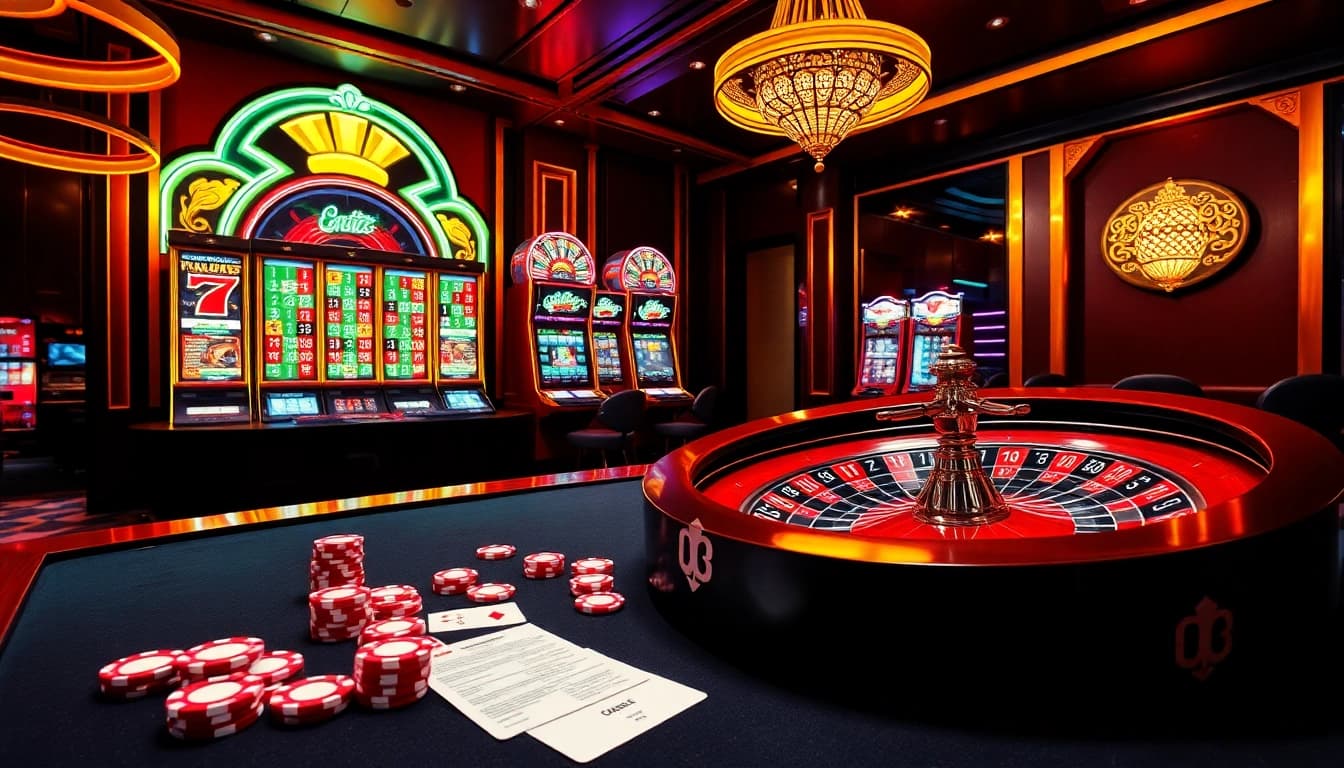 Experience thrilling gaming at OK8386 with vibrant casino tables and slot machines.