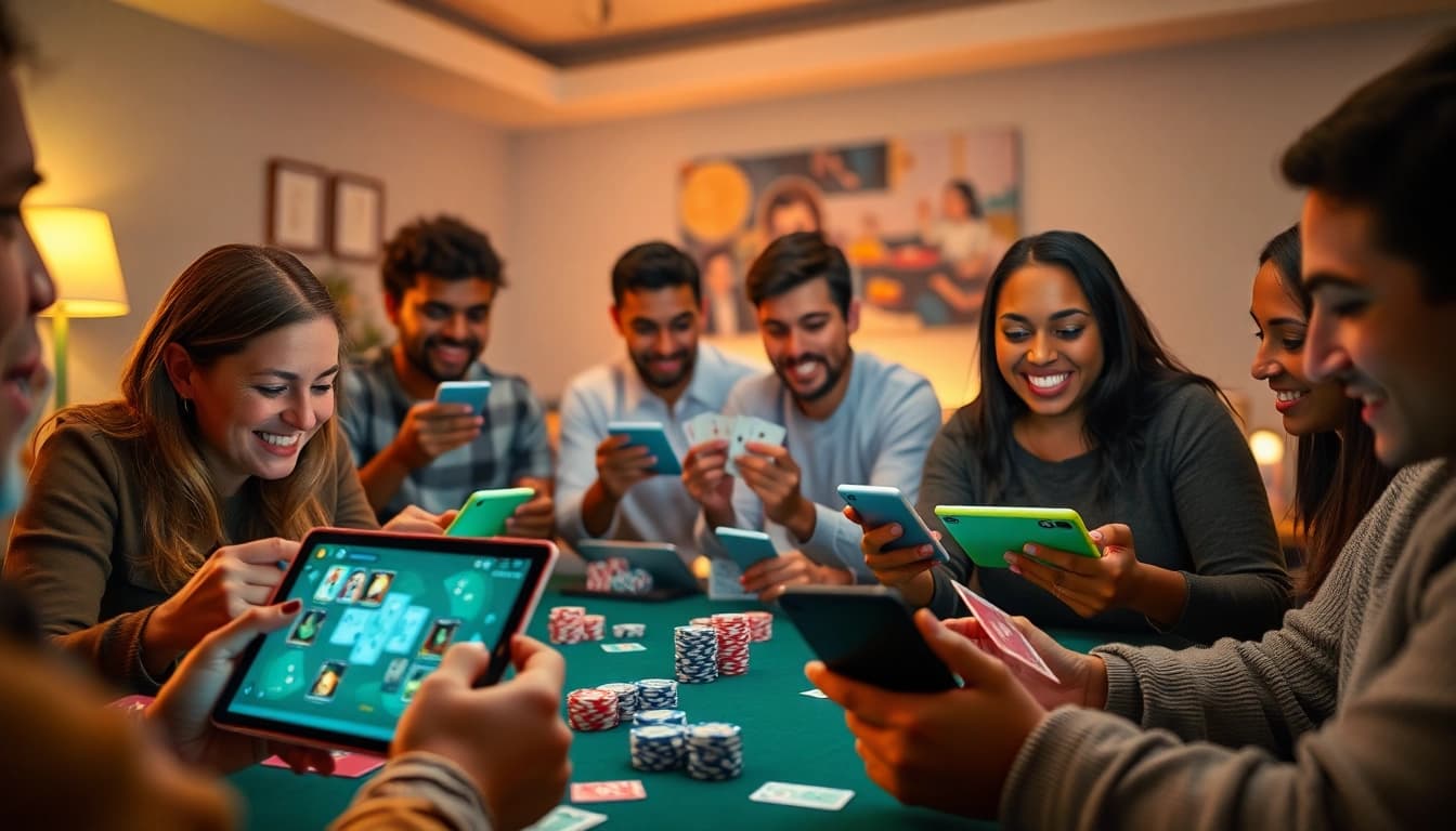 An engaging online gaming scene on topgamebaidoithuong.mx, featuring players enjoying card games on their devices.