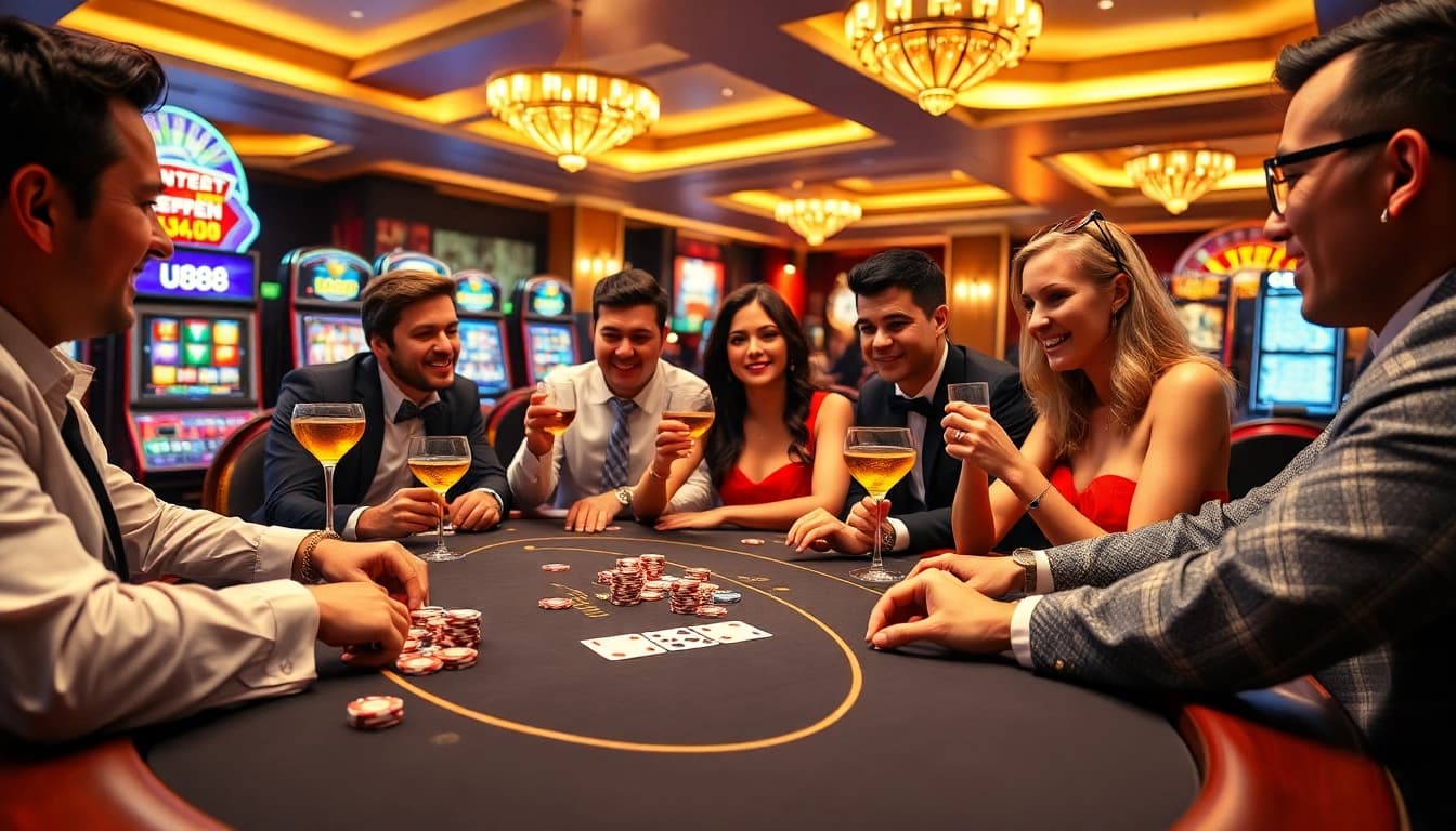 Experience U888's thrilling poker table action amidst a vibrant casino atmosphere.