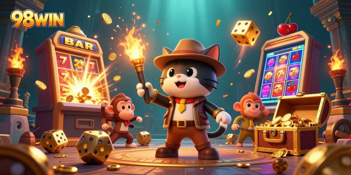 98WIN captivates players with a vibrant 3D scene of an explorer cat discovering a jackpot at the casino.