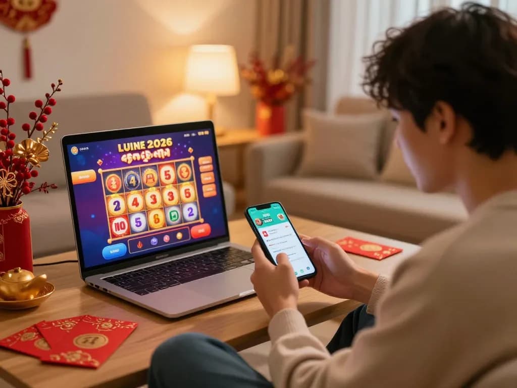 Engaging gaming moment on the bayvip app during Tết celebrations, featuring a smartphone with festive decorations.