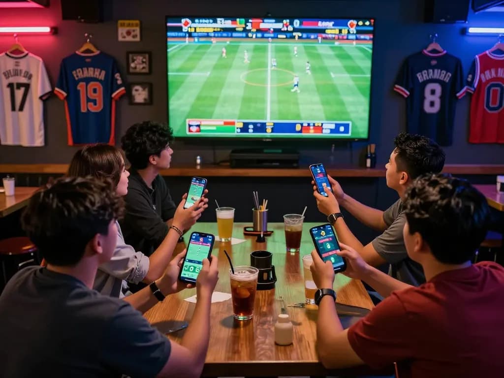 Active sports betting scene showcasing friends engaged with tỷ lệ kèo nhà cái 5 during live game excitement in a vibrant bar.