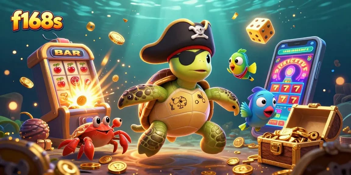 Play exciting casino games at f168s with a vibrant 3D pirate turtle and treasure scene.