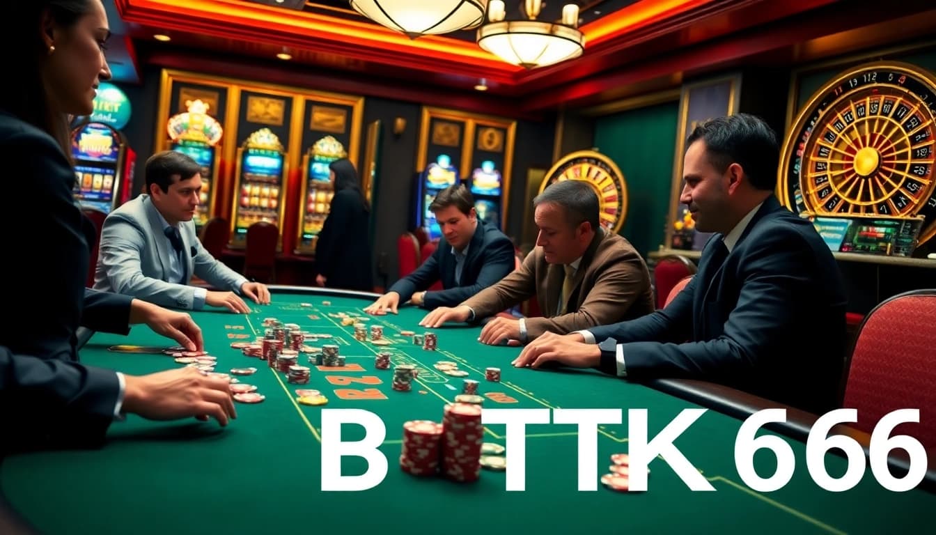 Players strategizing at a poker table, capturing the excitement of gambling with BDTK66 elements.