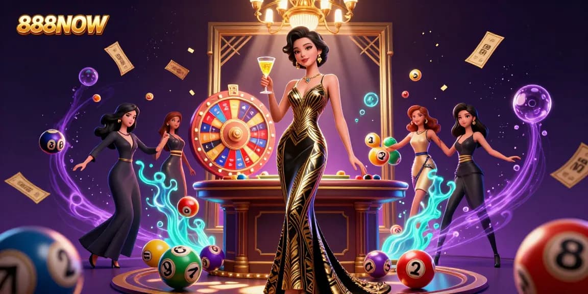 Experience thrilling gaming with 888NOW featuring elegant casino elements and vibrant lottery visuals.