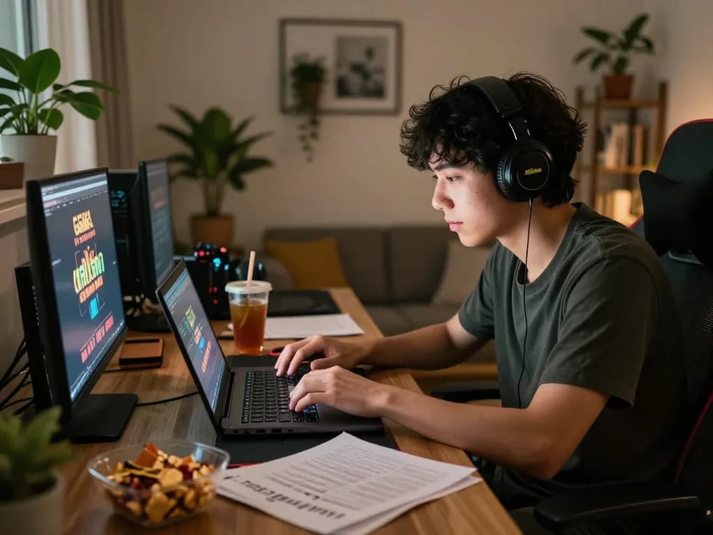 Player immersed in online Game bài đổi thưởng strategy on laptop at home with snacks and bright screen lighting.