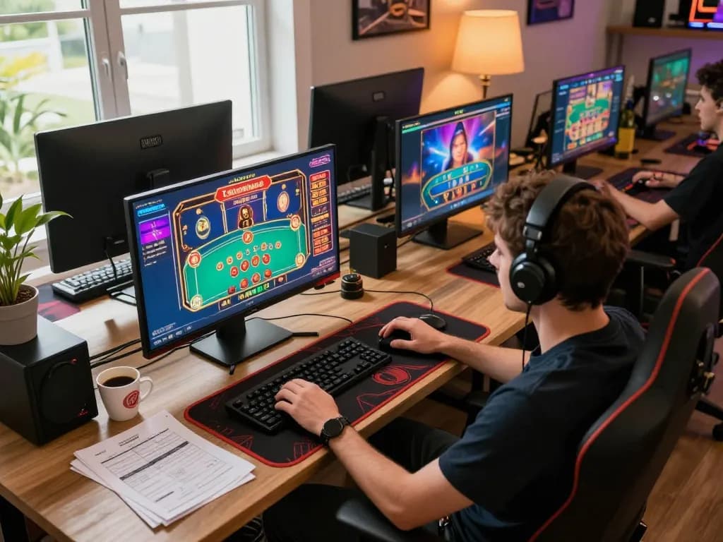 Player enjoying sam86 online casino games in a cozy home gaming setup with strategy notes.