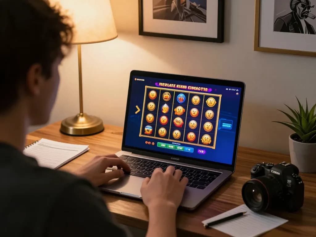 Engaging player enjoying SC88 slots on laptop in stylish home setup, showcasing vibrant game interface.