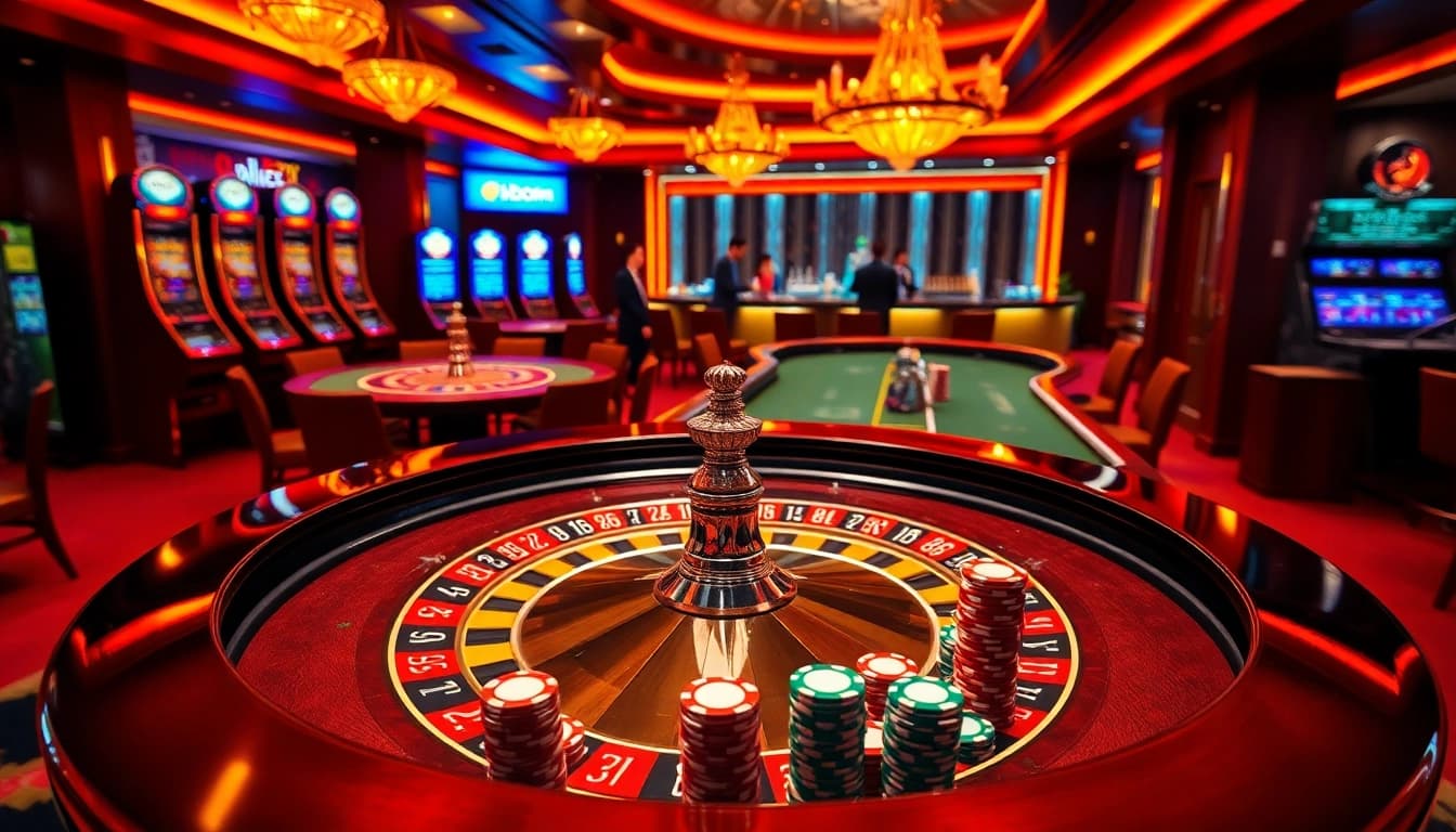 Experience the excitement of high-stakes gambling at https://bl555.training/ with a luxurious casino scene featuring vibrant roulette tables and eager players.