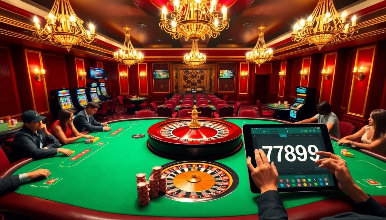 Excited players enjoying the atmosphere at 789p's luxurious casino tables with roulette wheels and poker games.