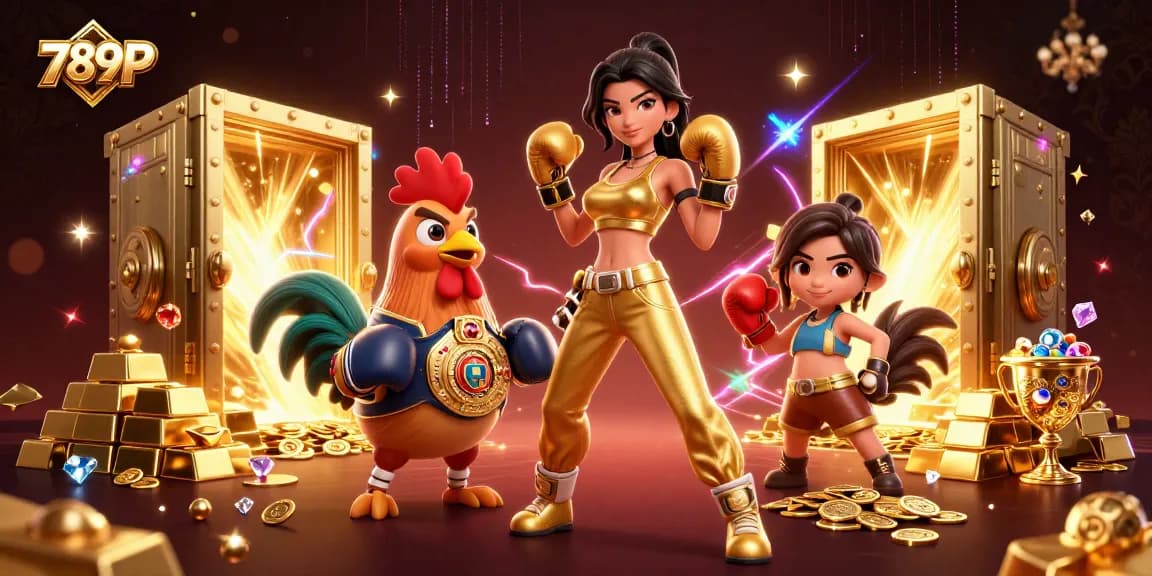 Engage with 789P's vibrant 3D scene featuring a boxing champion and rooster amidst riches.