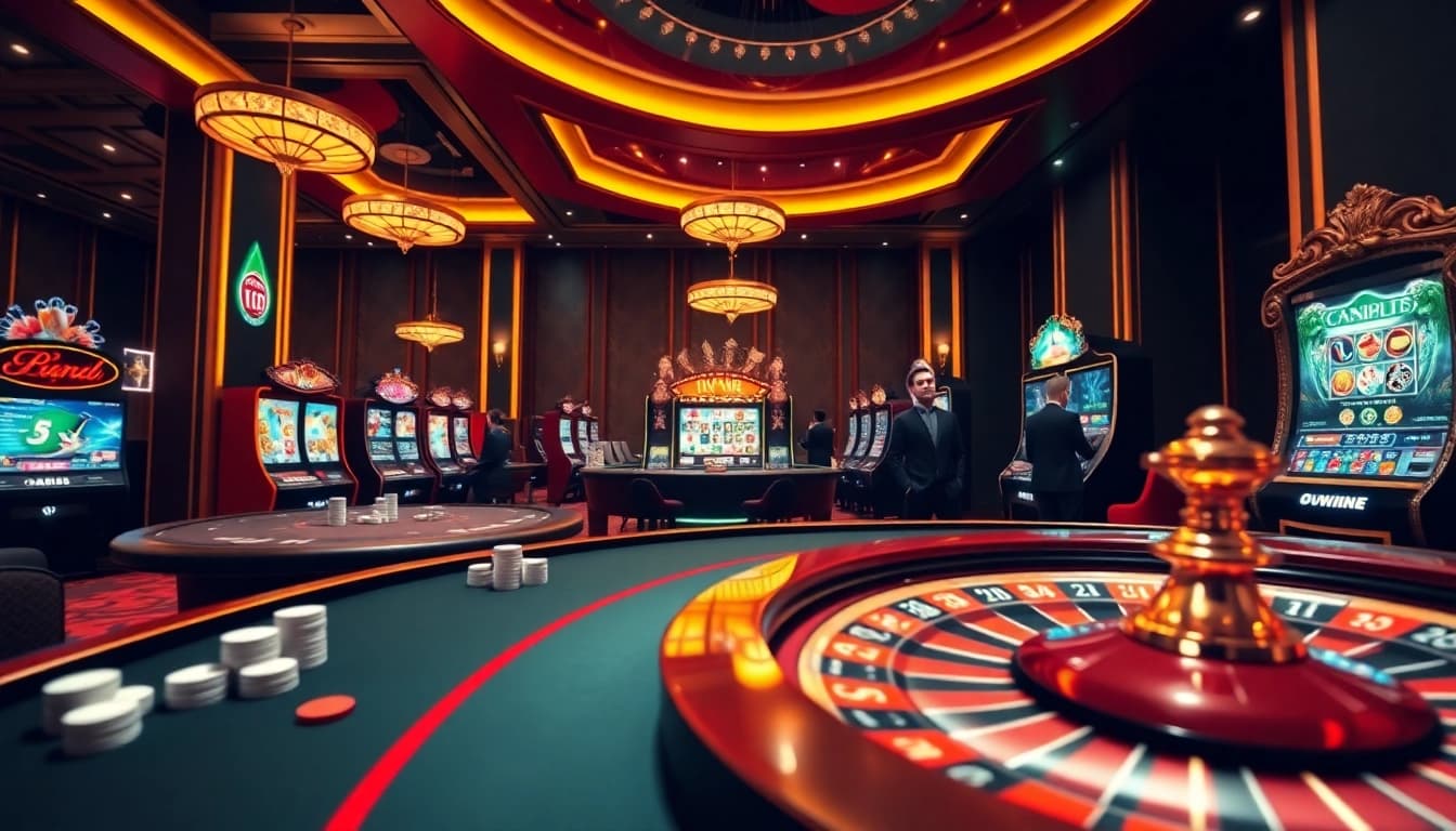 Iwin virtual casino experience with elegant tables, poker chips, and roulette wheel.