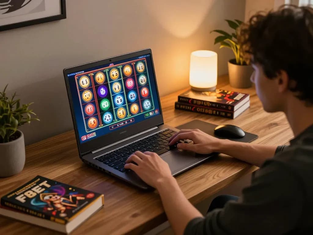 Player engaging in F8BET online casino gaming in a cozy home environment with strategic gaming elements