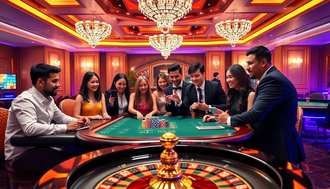 Experience the thrilling ambiance of JUN88 online casino with vibrant tables and engaging players.